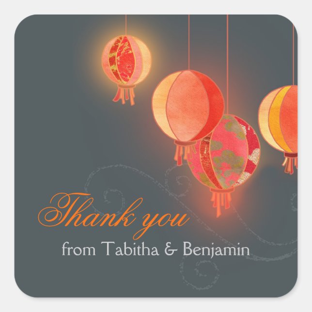 Red Asian Lanterns Grey Wedding Thank You Square Sticker (Front)