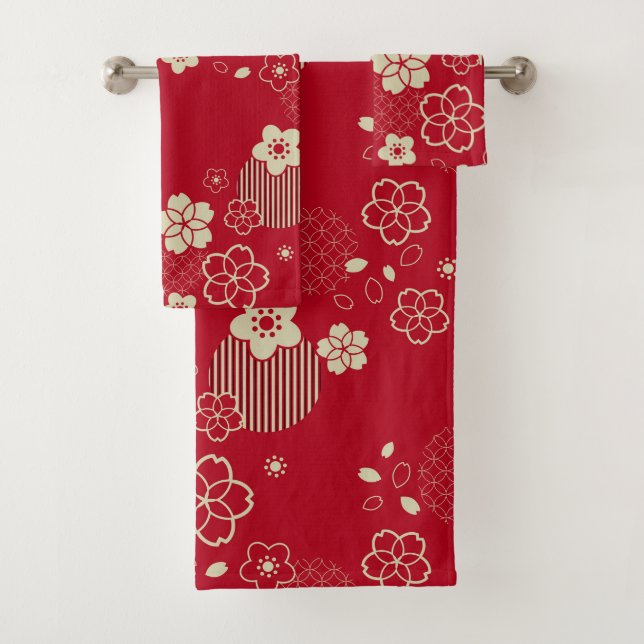 Red Asian pattern with spring flowers Bath Towel Set (Insitu)