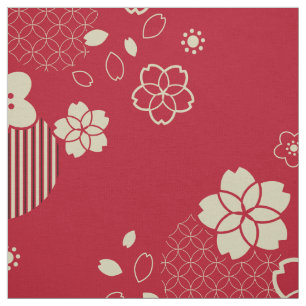 Red Asian pattern with spring flowers Fabric