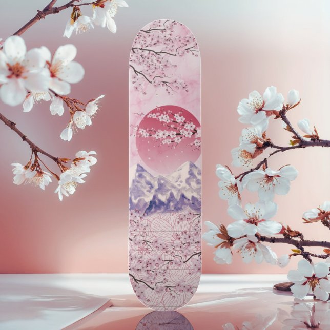 Red Asiatic Oriental Japanese Cherry Blossom Moon  Skateboard (Creator Uploaded)