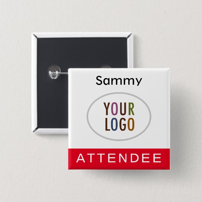 Red Attendee Name Badge with Logo Pinback Square (Front & Back)