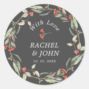 Red Australian Floral Wreath With Love Grey Classic Round Sticker