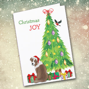 Red Australian Shepherd and Christmas Tree Holiday Card
