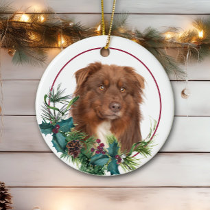 Red Australian Shepherd Dog Evergreen Berry Wreath Ceramic Tree Decoration