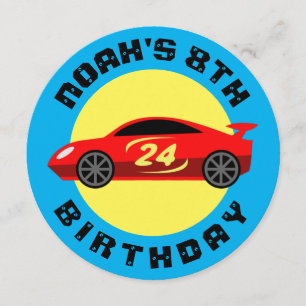 Red auto race car kid's Birthday party invitations