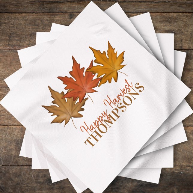 Red Autumn Fall Leaves Rustic Harvest Custom Napkin (Custom family name fall leaves artwork for Thanksgiving gatherings.)