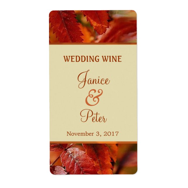 Red Autumn fall leaves Wedding Wine Label (Front)