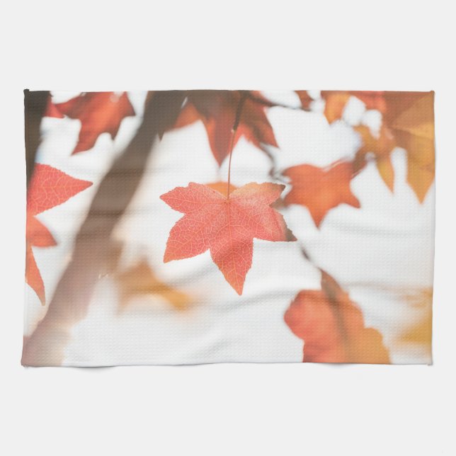 Red Autumn Leaf Nature Photo Tea Towel (Horizontal)