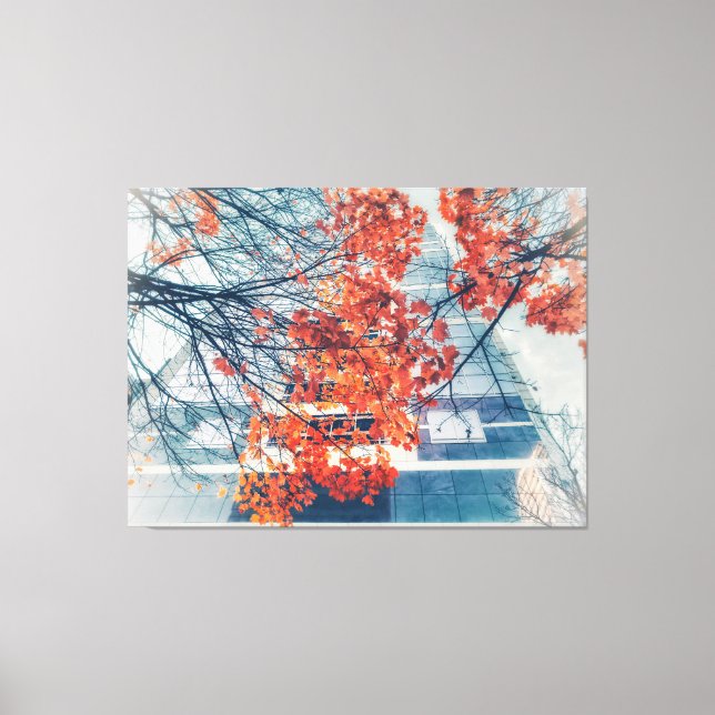 Red Autumn Leaves and City Building Canvas Print (Front)