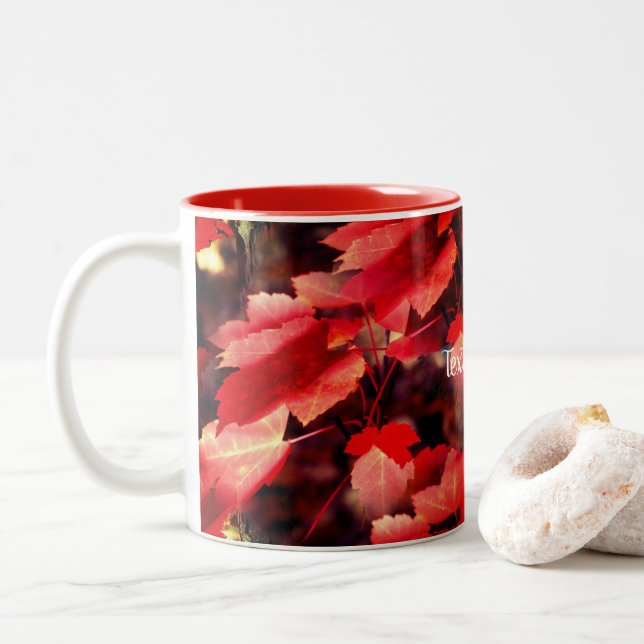 Red Autumn Leaves Nature Personalised Two-Tone Coffee Mug (With Donut)