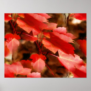 Red Autumn Leaves Oil Painting Nature Poster