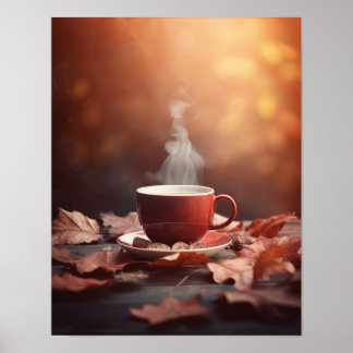 Red Autumn Leaves Steamy Tea Poster