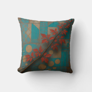 Red Autumn Leaves Turquoise Geometric Mosaic Cushion