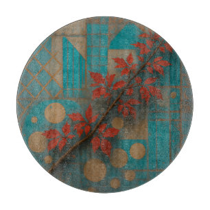 Red Autumn Leaves Turquoise Geometric Mosaic Cutting Board
