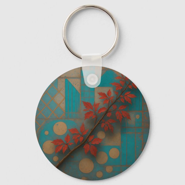 Red Autumn Leaves Turquoise Geometric Mosaic Key Ring (Front)