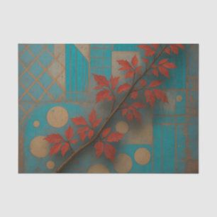 Red Autumn Leaves Turquoise Geometric Mosaic Tissue Paper