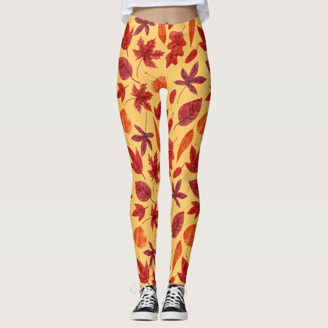 Red autumn leaves watercolor leggings (Front)