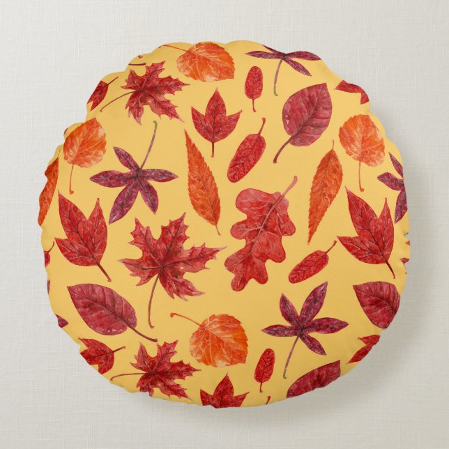 Red autumn leaves watercolor round cushion (Front)