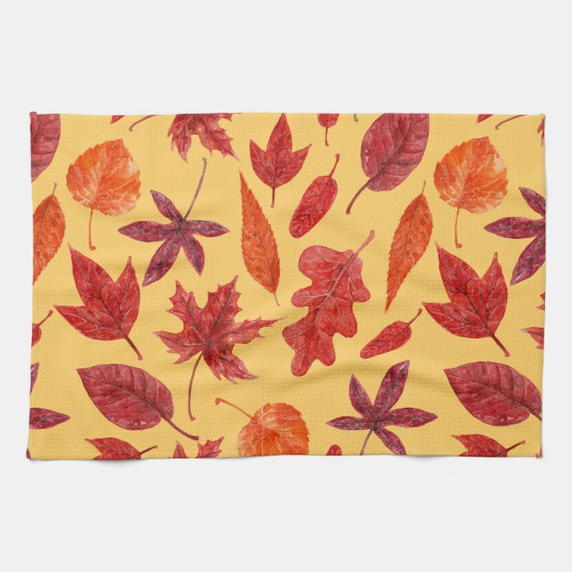 Red autumn leaves watercolor tea towel (Horizontal)