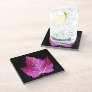 Red Autumn Maple Leaf on Black Floral Glass Coaster