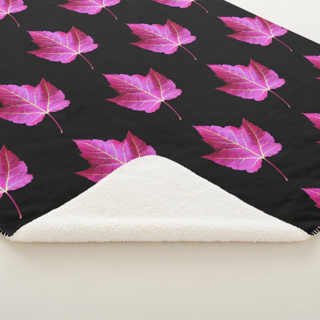 Red Autumn Maple Leaf Pattern on Black Background Sherpa Blanket (3/4)