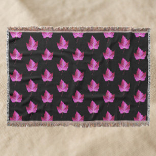 Red Autumn Maple Leaf Pattern on Black Background Throw Blanket