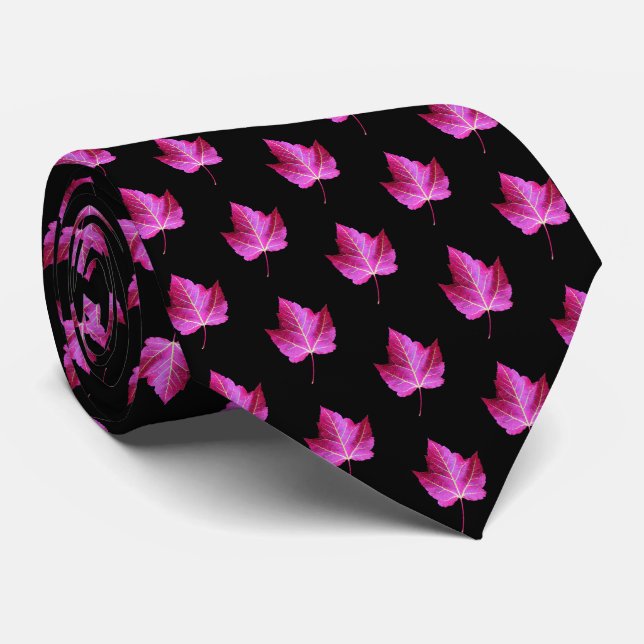 Red Autumn Maple Leaf Pattern on Black Background Tie (Rolled)