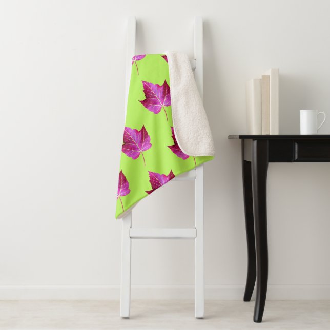 Red Autumn Maple Leaf Pattern on Green Floral Sherpa Blanket (In Situ)