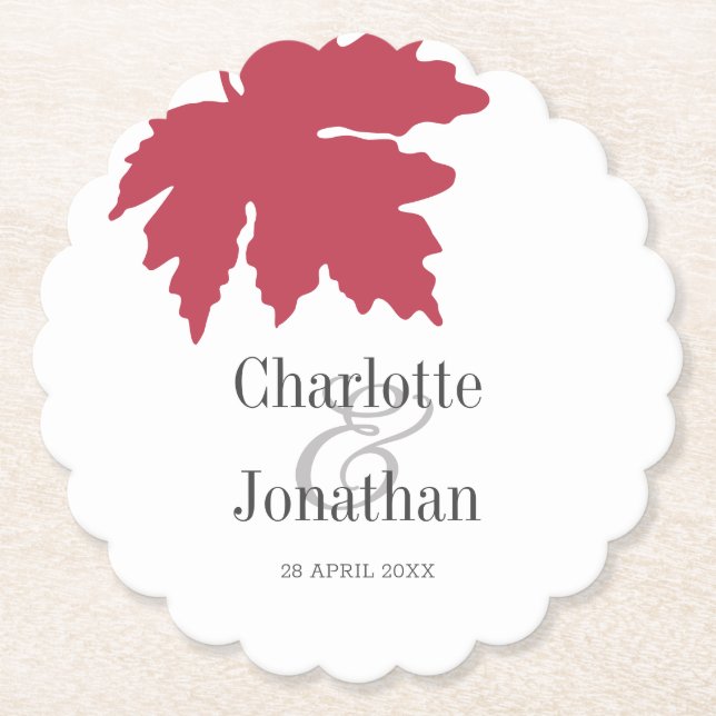 Red Autumn Maple Leaf Wedding/Engagement Favours Paper Coaster (Front)