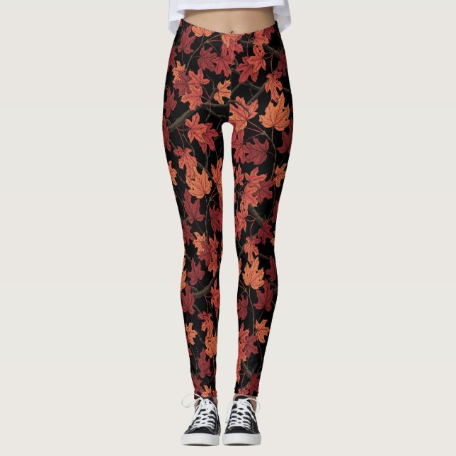 Red Autumn maple leaves on black Leggings (Front)