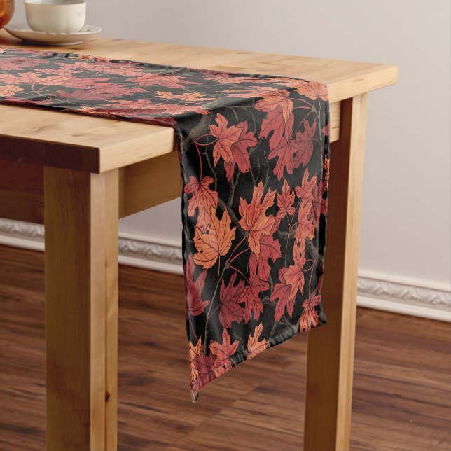 Red Autumn maple leaves on black Short Table Runner (In Situ)