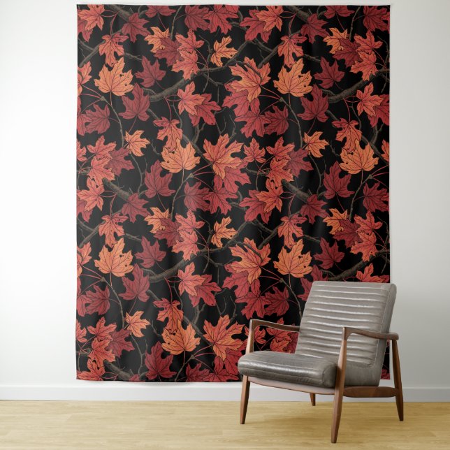 Red Autumn maple leaves on black Tapestry (In Situ)