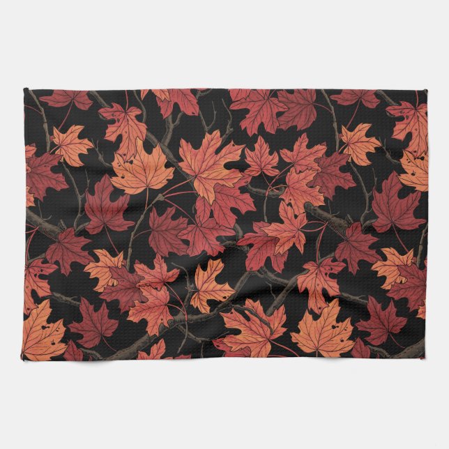 Red Autumn maple leaves on black Tea Towel (Horizontal)