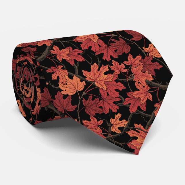 Red Autumn maple leaves on black Tie (Rolled)