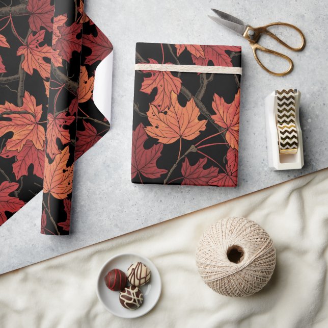 Red Autumn maple leaves on black Wrapping Paper (Crafts)