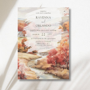 Red Autumn River Forest Fall Wedding Invitation