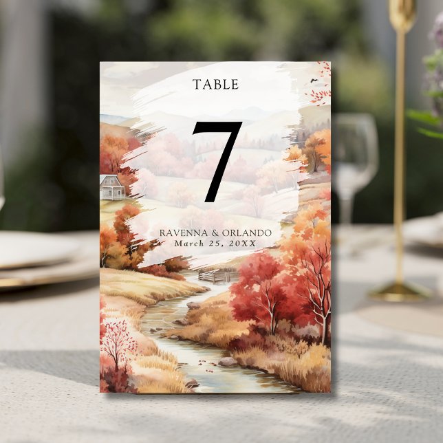 Red Autumn River Forest Fall Wedding Table Number (Creator Uploaded)