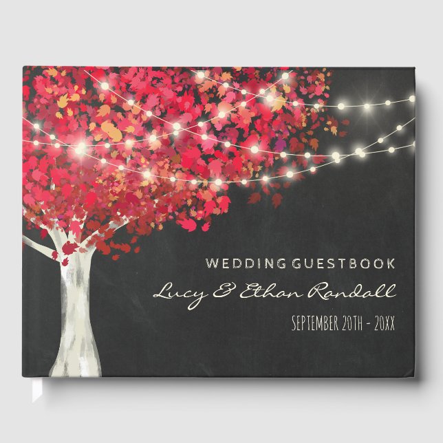 Red Autumn Tree & String Lights Wedding Guest Book (Front)