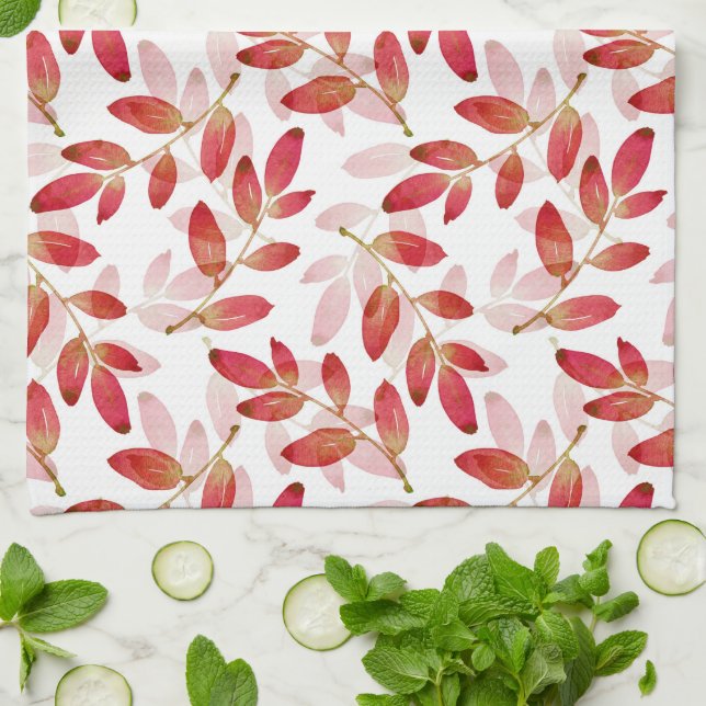 Red Autumn Watercolor Layered Leaves Pattern  Tea Towel (Folded)