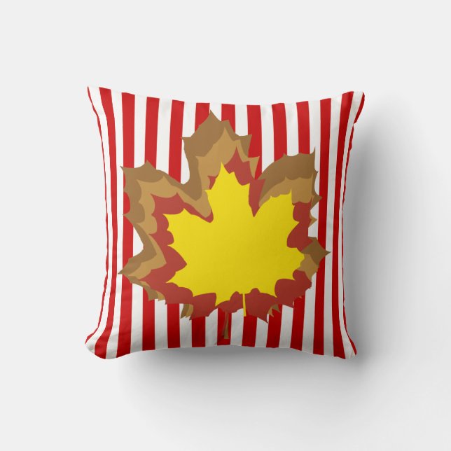 Red Autumnal Stripes with Leaves Cushion (Front)