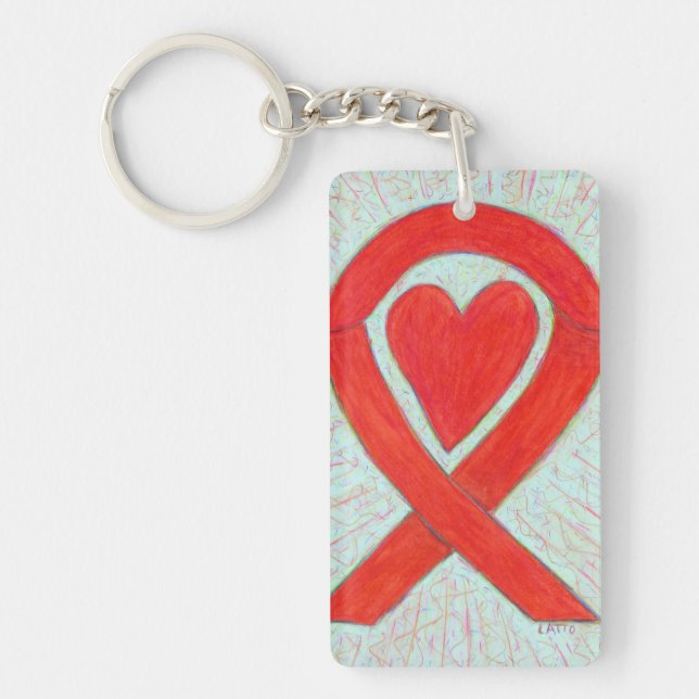 Red Awareness Ribbon Heart Custom Art Keychain (Front)