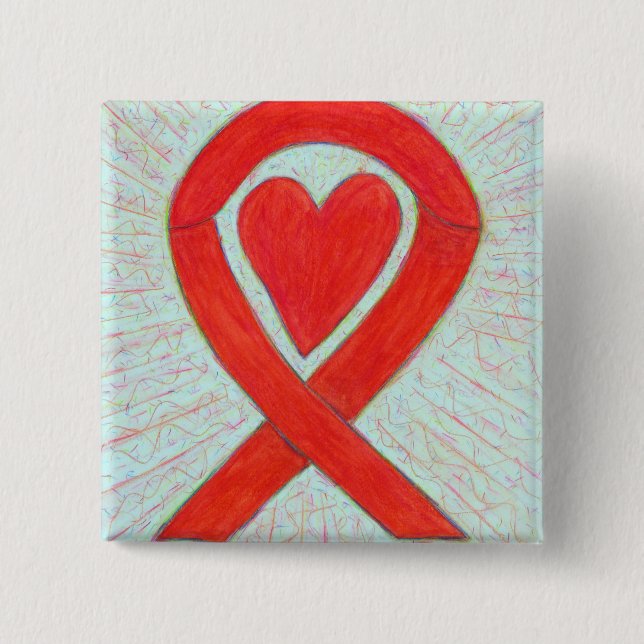 Red Awareness Ribbon Heart Custom Pin Buttons (Front)