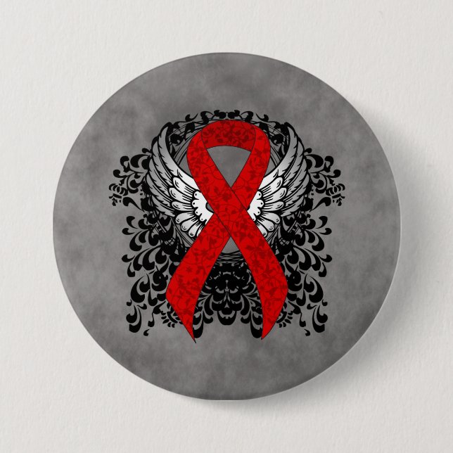 Red Awareness Ribbon with Wings 7.5 Cm Round Badge (Front)