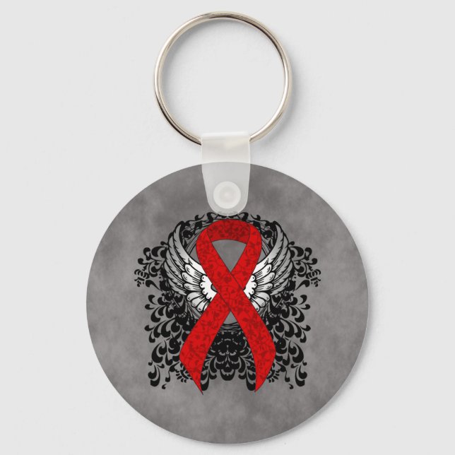 Red Awareness Ribbon with Wings Key Ring (Front)