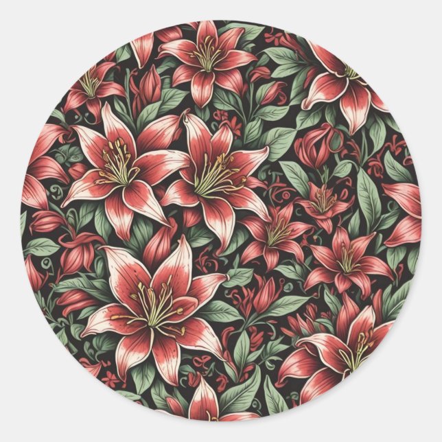 Red Aztec Lily Pattern  Classic Round Sticker (Front)