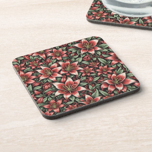 Red Aztec Lily Pattern  Coaster (Left Side)