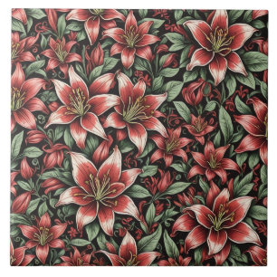 Red Aztec Lily Pattern  Tile