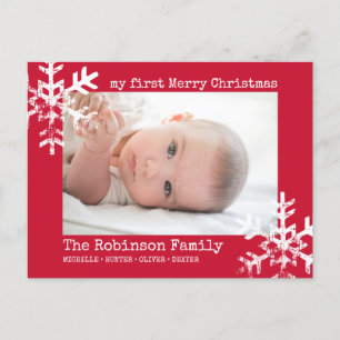 Red Baby Holiday First Christmas Photo Snowflakes Postcard