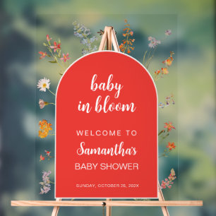 Red Baby in Bloom Girl Shower Welcome Wildflowers Acrylic Sign
