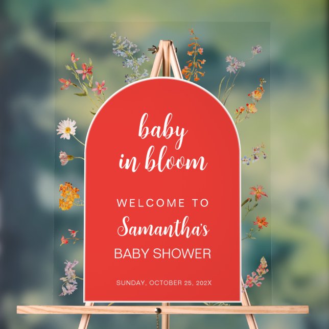 Red Baby in Bloom Girl Shower Welcome Wildflowers Acrylic Sign (Neutral)